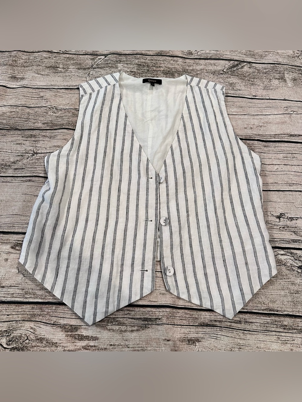 Quince White Linen Vest with Black Vertical Stripes Size Medium